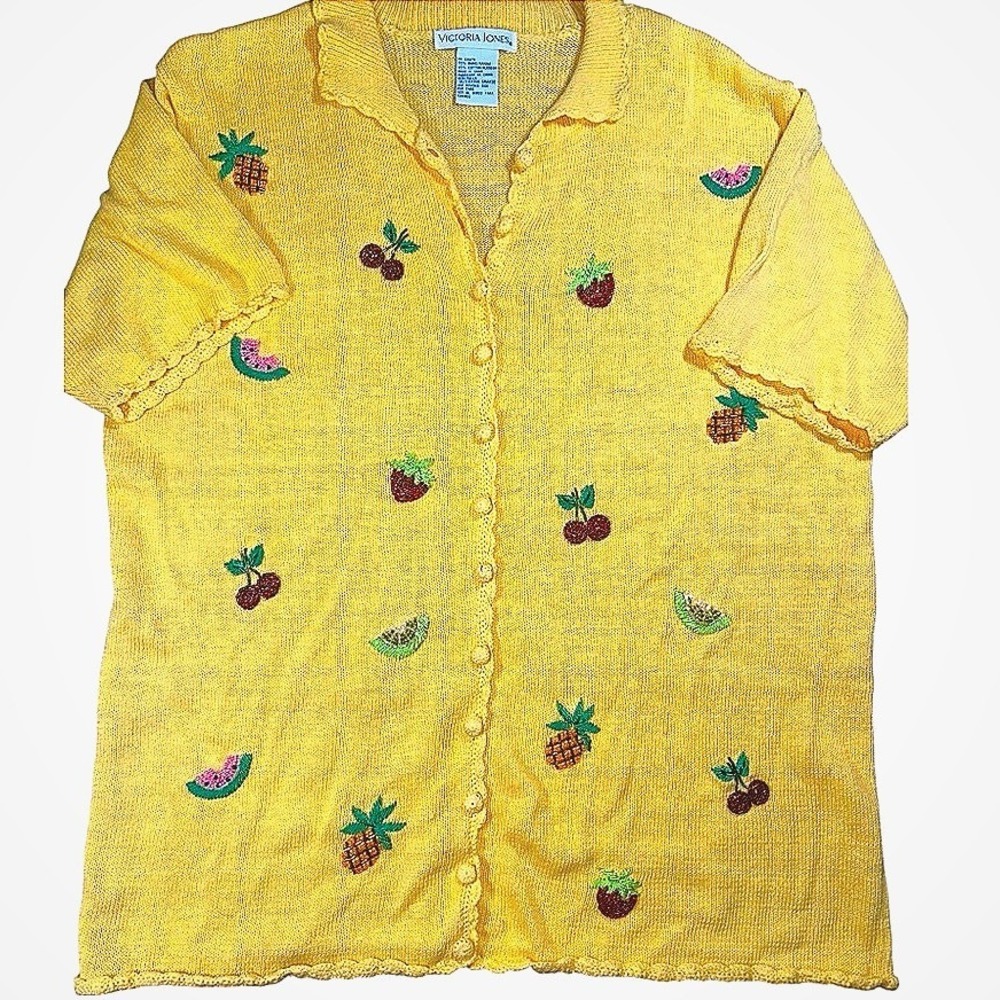 Vintage Victoria Jones Yellow Fruit Embroidered Ramie Cardigan 1X